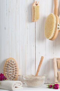 Wood massage brush on white background