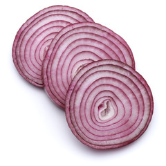 Sliced red onion rings isolated on white background cutout