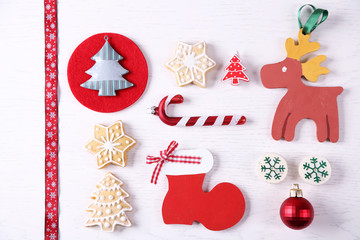 Christmas decoration collection on wooden table top view