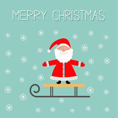 Sleigh with Santa Claus and snowflake Blue background. Merry Christmas Greeting card Flat design