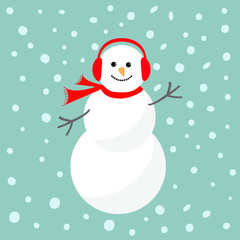 Cartoon Snowman in scarf and headphones. Blue background with snow. Merry Christmas card Flat design