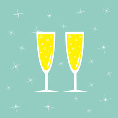 Champagne glasses with sparkles. Greeting Card. Blue background.  Flat design.
