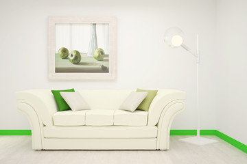 Part of the interior of the living room in white and green colors with a large painting on the wall. 3d illustration.