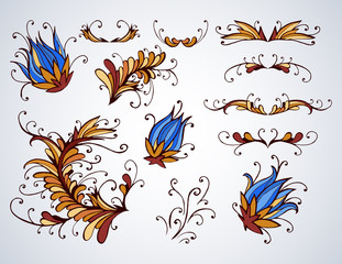 Hand drawn floral elements for design, dividers and flowers.