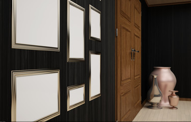 3d illustration of an interior hallway with a large number of objects (paintings, vases). The interior has a superior wood materials.