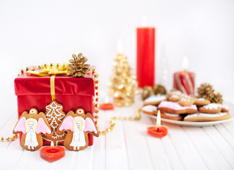 Angels cookies and red present at Christmas