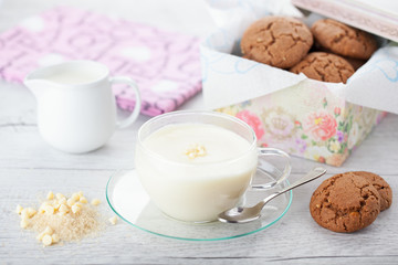 Romantic breakfast with hot white chocolate and cookies