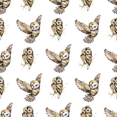 Seamless pattern with watercolor owls