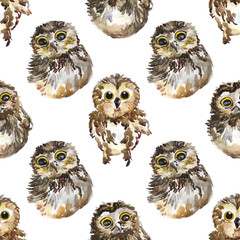 Seamless pattern with watercolor owls