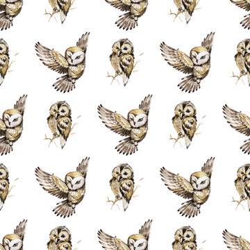 Seamless pattern with watercolor owls
