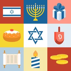 Fototapeten Vector israel and hanukkah festival icons set,menorah,dreidel, torah, flat design © lukpedclub