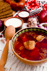 Pieces of meat in the borscht soup