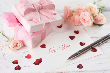 Gift, hearts and greeting card