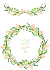 Frame border, garland and wreath of the tender pink spring flowers with the green leaves painted in a watercolor on a white background, greeting card, decoration postcard or wedding invitation