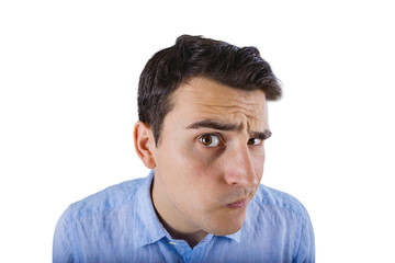 Obraz premium Fish-eye shot of a smiling student looking to camera.Student thinking for something with a funny face looking to camera.