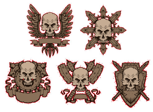 Vector Emblems skulls set. Cartoon image of five gray emblems skulls decorated with wings, swords, axes, knives and banners like engraving on a light background.