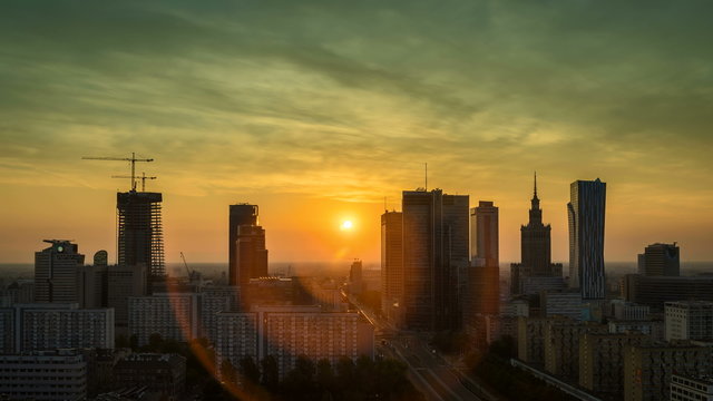 Sunrise over Warsaw Downtown Skyline, Polish Capital