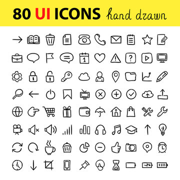 User interface icons. Vector hand drawn doodle icons for interface. Computer signs and symbols design elements.
