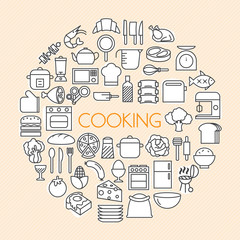 Kitchen and Cooking Foods background outline icons set