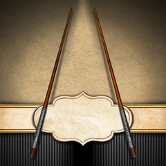 Asian Menu with Wooden Chopsticks / Template for an Asian menu with wooden and silver chopsticks. On a yellow and black background with empty label