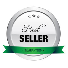Best seller seal or icon. Silver seal or button with stars and green color.