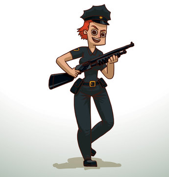 Vector cartoon image of a police woman with red hair in black pants, shirt, ,police hat, with gold badge on her chest, a black holster on belt and black shotgun in hands on a light background.