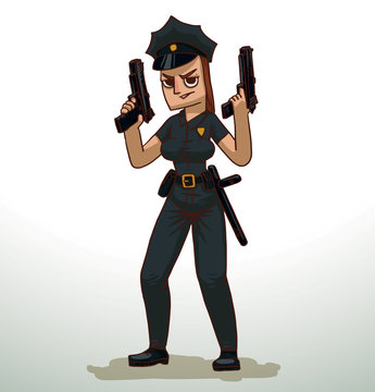 Vector cartoon image of a police woman with brown hair in black pants, shirt, police hat, with gold badge on her chest, black holster and baton on belt and two black guns in hands on light background.