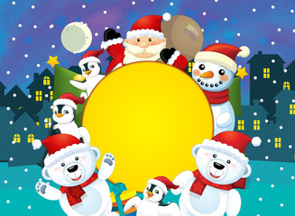Christmas happy scene with different animals and santa - illustration for the children