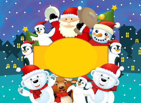 Christmas happy scene with different animals and santa - illustration for the children