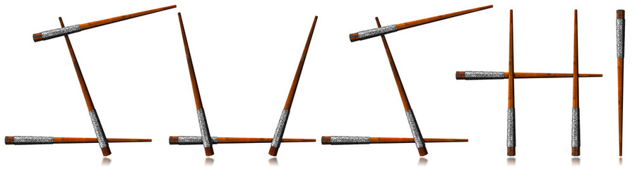 Sushi Symbol - Wooden Chopsticks - Silver and wooden chopsticks in the shape of the text Sushi. Isolated on white background