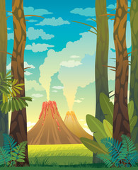 Prehistoric landscape with volcano and trees.