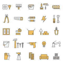 Home repair and construction outline gray and yellow vector icons set. Modern minimalistic design.