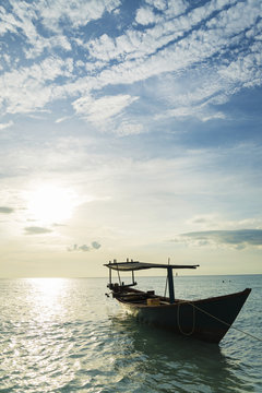 traditional wood ferry sea taxi boats in koh rong island cambodi