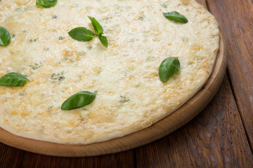 Delicious four cheese pizza with basil leaves
