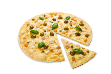 Delicious seafood pizza with olives