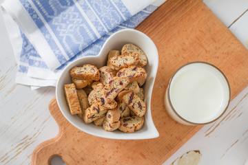 Milk and cookies on white background