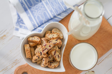 Milk and cookies on white background