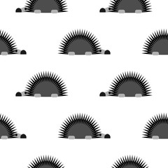 Seamless vector pattern with animals, black and white background with hedgehogs, over white backdrop.