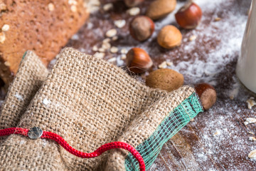 jute bag with nuts in the bakery