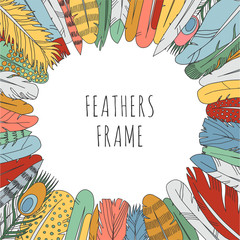 Feathers doodle multicolored frame. Cartoon naive style.