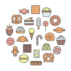 Sweets outline multicolored circle background. Modern minimalistic design.