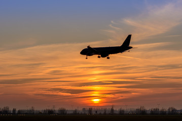 Fototapeta na wymiar Airplane is landing at the runway during a beautiful sunset.