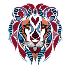 Obraz premium Patterned colored head of the lion. African / indian / totem / tattoo design. It may be used for design of a t-shirt, bag, postcard and poster.