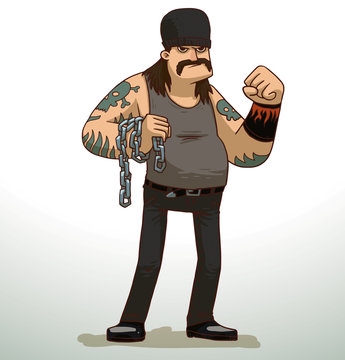 Vector cartoon image of a man criminal biker with tattoos with black hair and a mustache, wearing black pants, a gray shirt and a black hat with a gray metal chain in his hand on a light background.