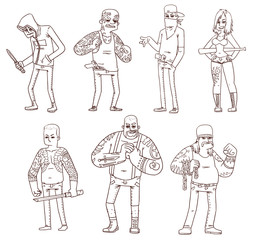 Vector Criminals set, line art. Line cartoon image of seven different criminals in various poses, with different weapons on a light background.