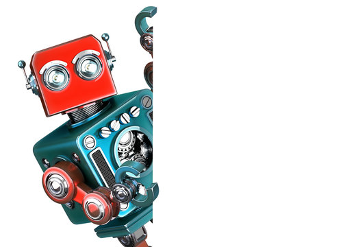 Retro Robot Showing Blank Banner. Isolated. Contains Clipping Path