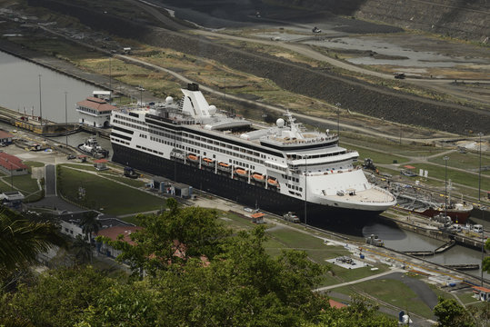 Aerial view of a cruise ship at Pedro Miguel Locks in Panama Canal, Panama