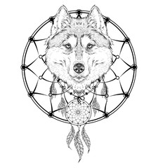 Obraz premium animal hand drawn illustration, wolf indian warrior, native american poster. Hand draw vector illustration