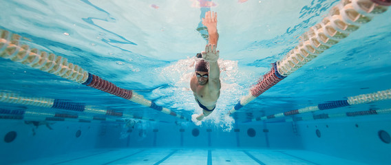 Professional man swimmer inside swimming pool. Underwater panora - obrazy, fototapety, plakaty