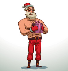 Vector cartoon image of strong Santa Claus with a white beard and mustache in red pants, gloves and hat, brown boots with a purple gift in his hands on a light background.